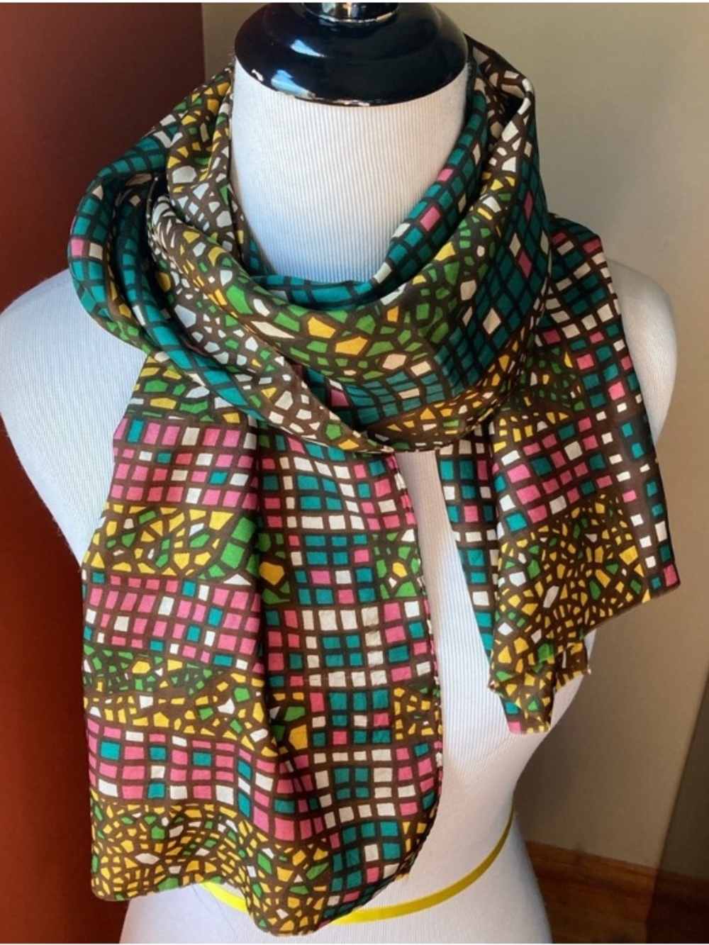 Vintage Saks Fifth Avenue Silk Made in Switzerland Stained Glass Motif Scarf